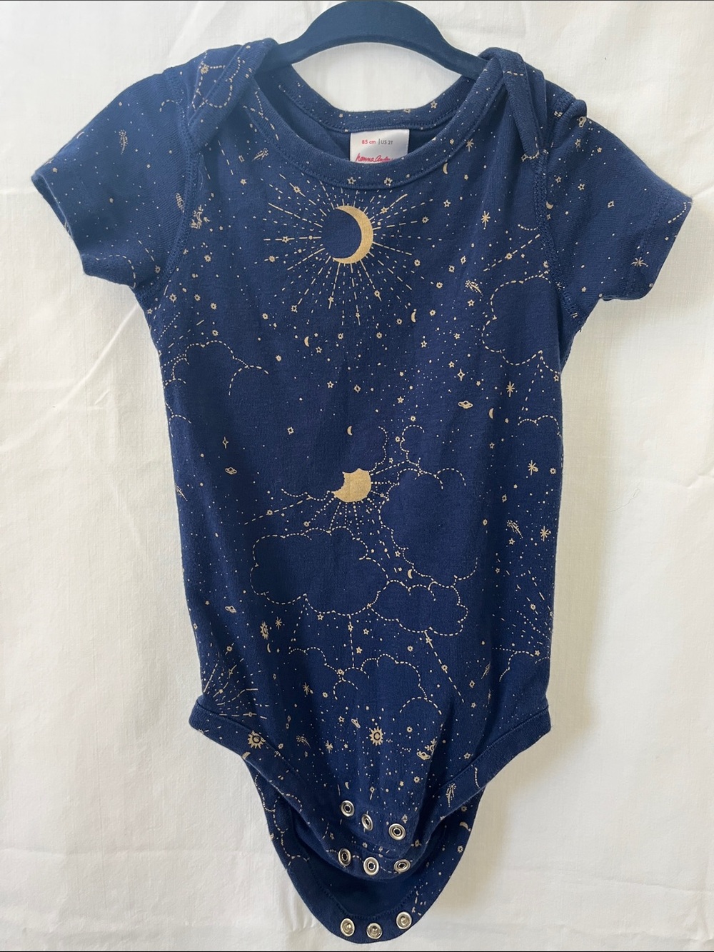 Hanna Andersson Navy Blue Moon & Stars One-Piece Bodysuit with Gold Print